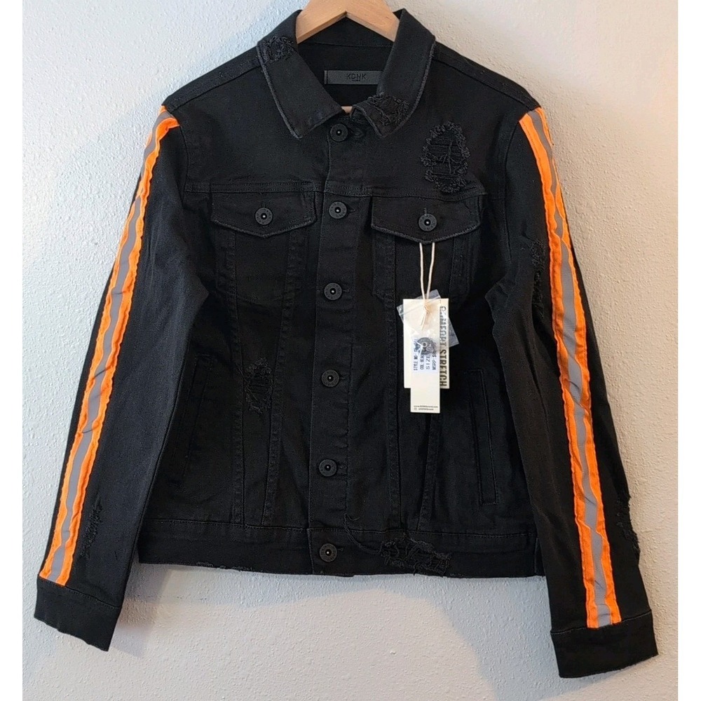 KDNK Men's Black Trucker Jean Jacket Orange Reflective Accents KN05041 Size S